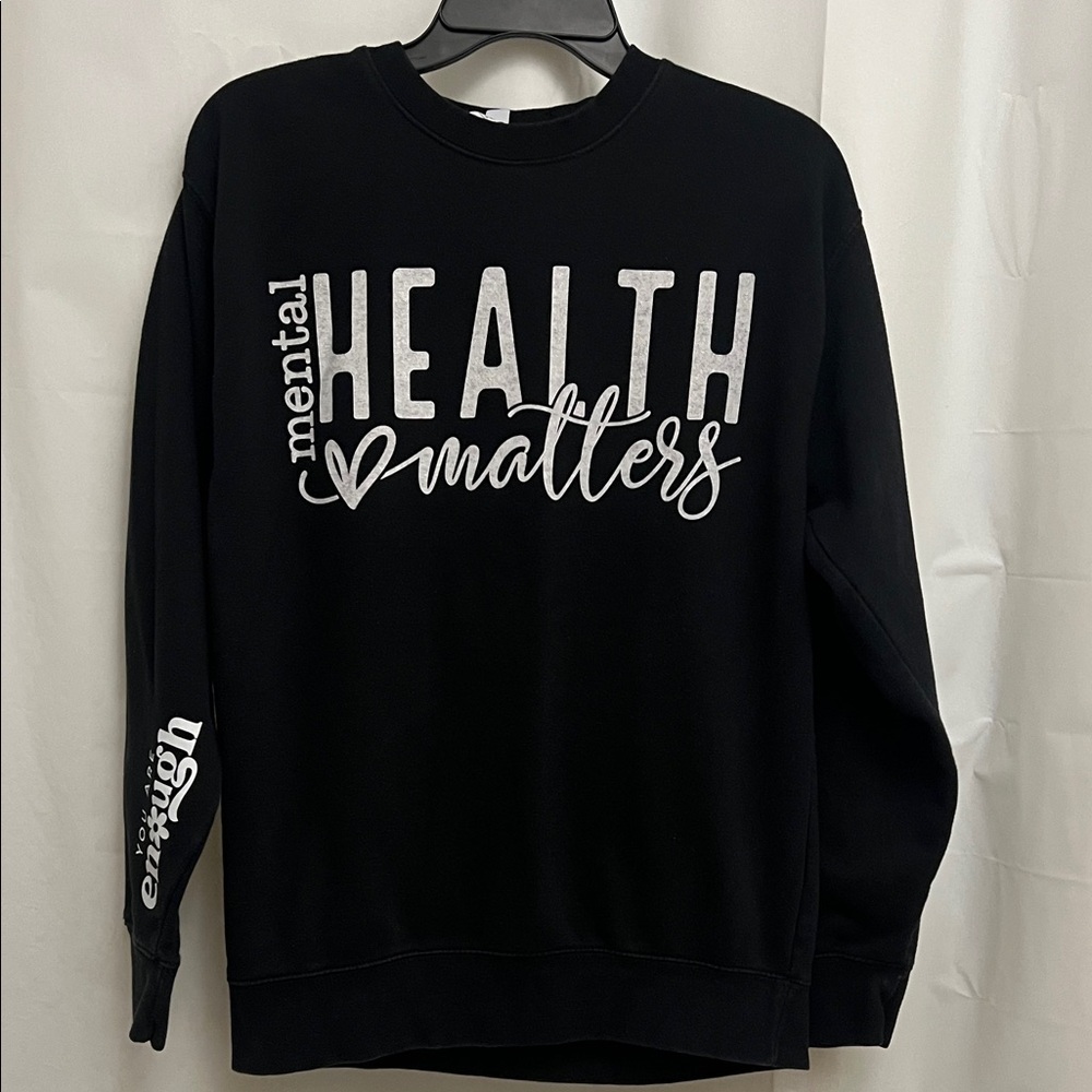 Black 'Mental Health Matters' Graphic Crew Neck Sweatshirt w/ Sleeve Print